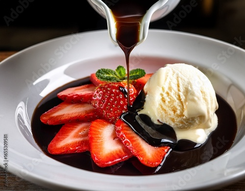 balsamic vinegar glaze being poured onto a dish of sliced strawberries and vanilla ice cream