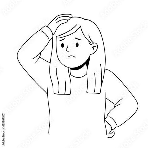 Young woman with worried expression, hand on head line art
