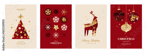 Set of modern Christmas card designs featuring an abstract tree, snowflakes, a reindeer, and festive baubles. Created with gold foil and red watercolor textures for a contemporary holiday season