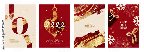 Luxurious collection of artistic holiday cards with stylish typography, gift boxes, a Christmas bauble, and dynamic brush strokes, all featuring a rich gold foil texture. Ideal for Christmas and New