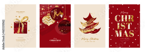 Collection of graphic holiday card designs with a wrapped present, abstract Christmas tree, hanging baubles, and festive typography. Utilizing gold foil textures and a modern red color palette for