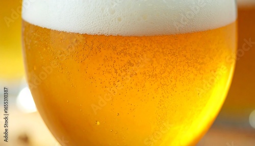 Close-up view of a glass filled with light beer, showcasing the effervescence and golden hue of the beverage.