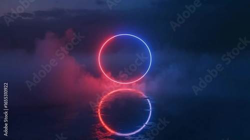 Wallpaper Mural Mysterious Red and Blue Neon Ring Glowing Above Rippling Water Through Dense Night Fog. Torontodigital.ca