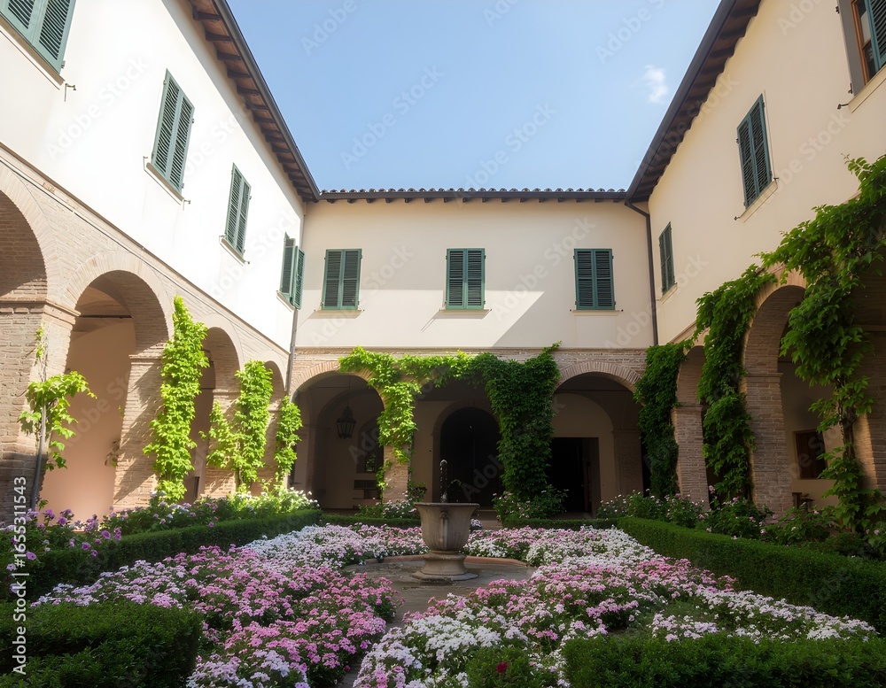 Fototapeta premium Secluded Courtyard Garden Italian Architecture and Blossoming Flowers