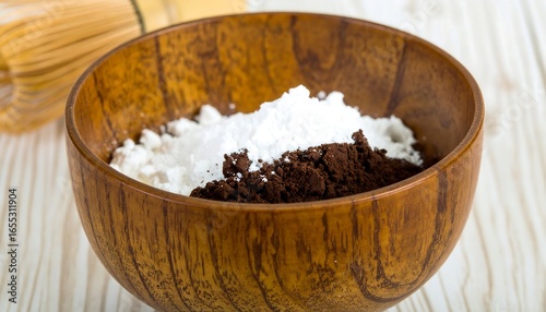 A wooden bowl holds a mixture of white powdered ingredients and dark-colored cocoa powder, creating a simple, inviting visual.