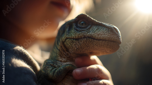Fototapeta Naklejka Na Ścianę i Meble -  A bond of Affection: a child holding a tiny dinosaur in soft sunlight, exploring a world of fantasy and friendship.