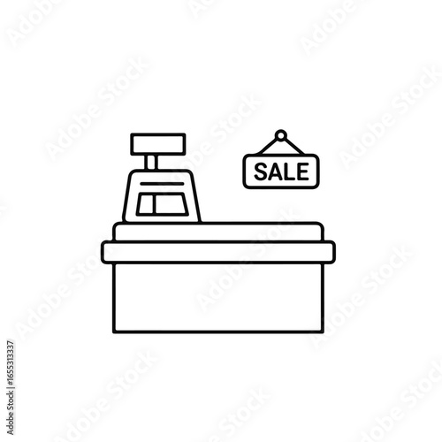 Modern retail counter with a sale sign, ready for business transactions and customer service, perfect for promotions
