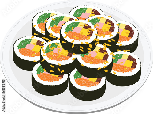 접시에 담긴 통깨를 뿌린 김밥