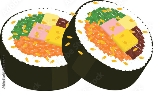 통깨를 뿌린 김밥 두조각