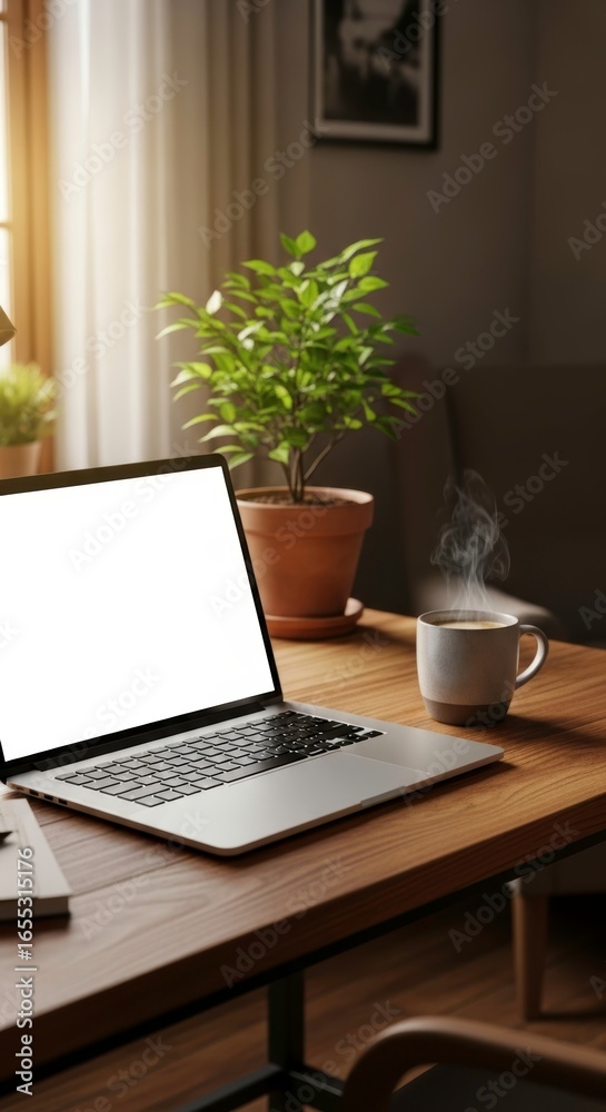 Fototapeta premium Laptop with blank screen and coffee cup on wooden desk near plant in a cozy home office setting