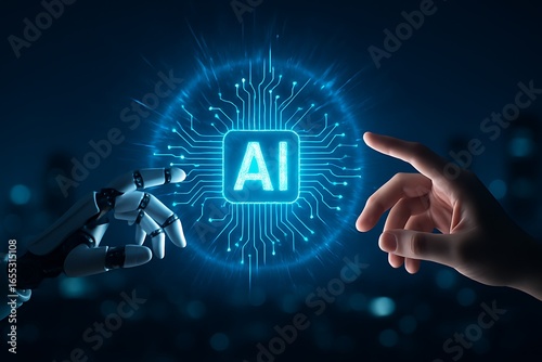 Artificial Intelligence Connection Concept with Robot Hand and Human Hand Touching AI Interface for Innovation and Future Technology Development with Neural Network and Deep Learning