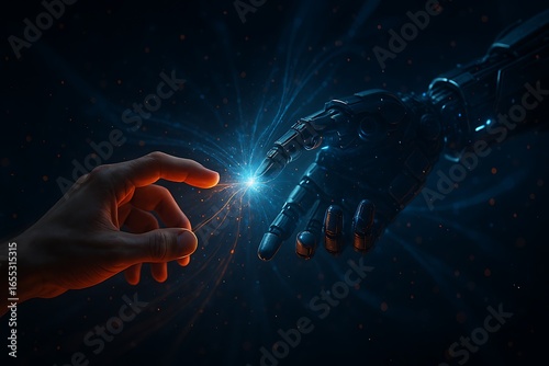 Human and Robot Hands Connecting in a Futuristic Technological Interface Sparking Innovation and Exploring the Convergence of Artificial Intelligence and Human Potential