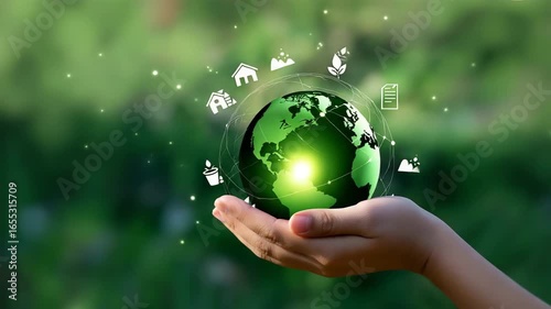 Protect our planet concept with green earth in hand, sustainable future in mind