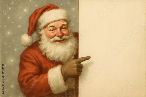 Vintage Santa Claus Portrait with Blank Sign for Holiday Greetings and Festive Promotions and Seasonal Advertising Campaigns