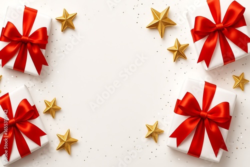 Elegant Christmas Gift Presentation with Red Ribbons and Golden Stars on a White Background Ideal for Festive Greetings and Holiday Celebrations