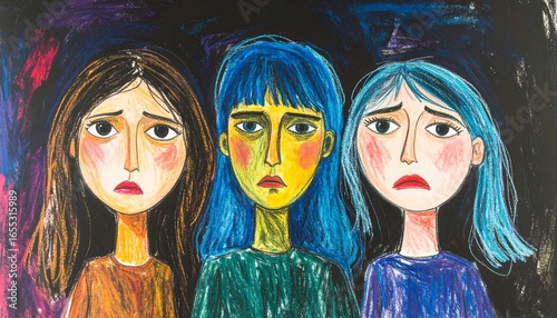 Three women's portraits, rendered in vibrant, expressive crayon strokes, display sadness and introspection against a dark background.