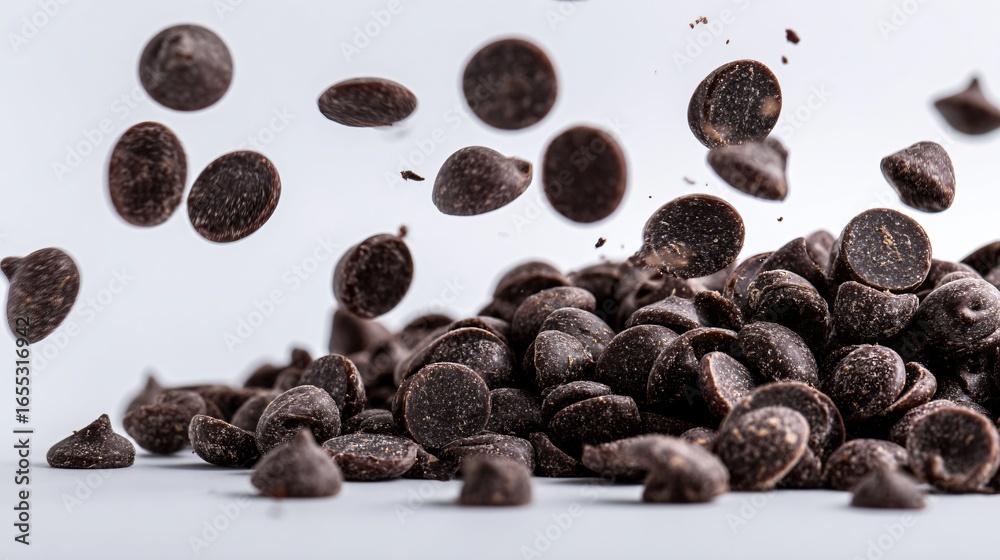 Fototapeta premium Scattered Dark Chocolate Chips in the Air - Close-up Chocolate Chips Image