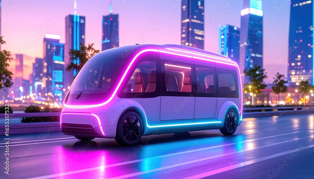 Obraz premium Futuristic Autonomous Bus on City Road at Sunset with Neon Lights.