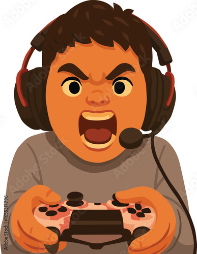 Angry gamer boy with headset and game controller shouting while playing online video game, game competition, console play, streaming, gaming lifestyle, frustration, digital entertainment activity