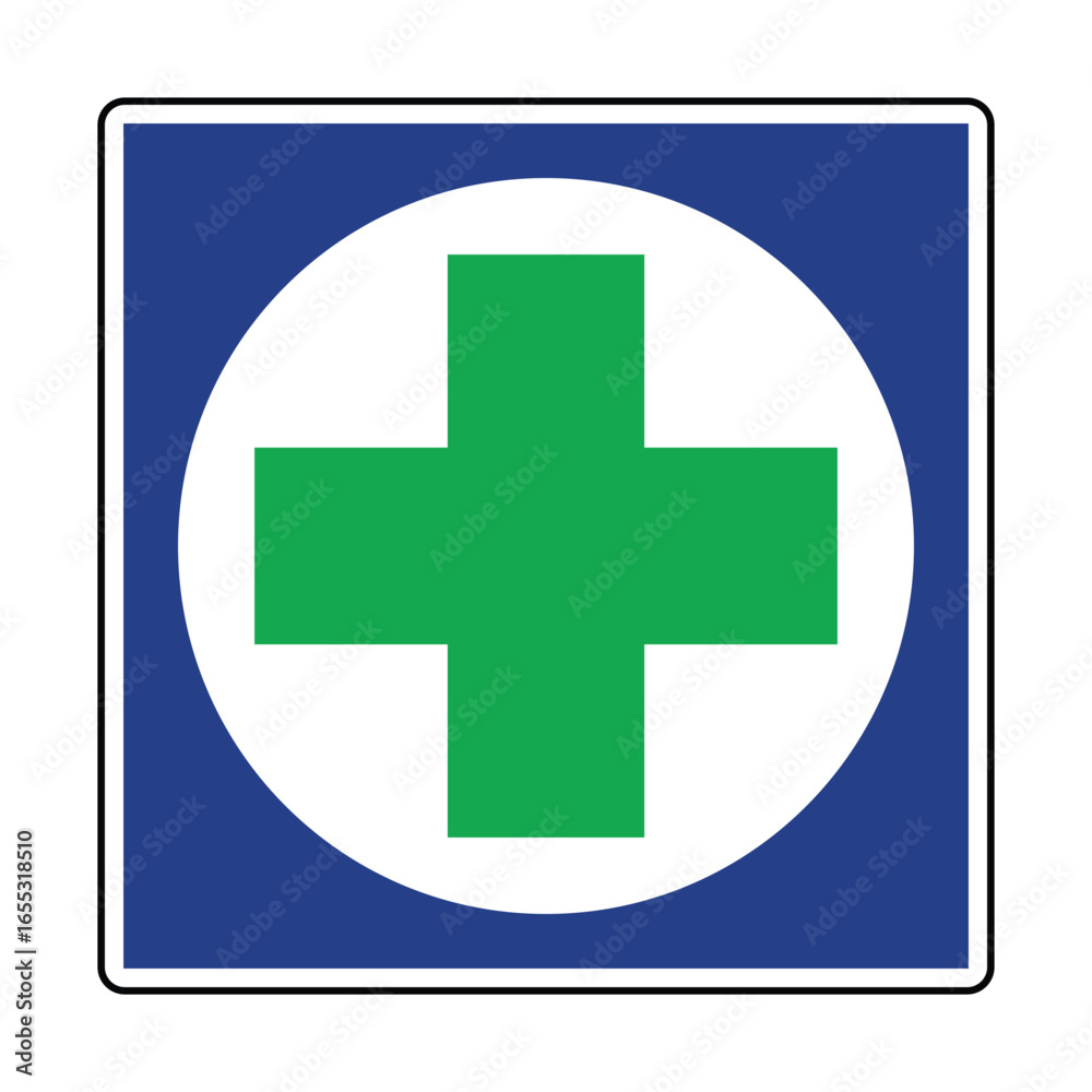 Obraz premium Doctor on Call Identification Sign – Green Medical Cross on White Circle and Blue Background Emergency Health Services Vector