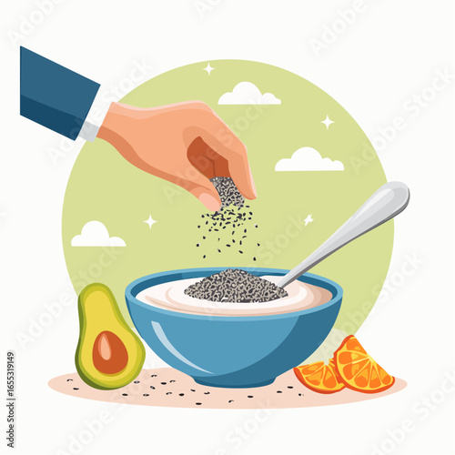 Hand Adding Chia Seeds To Yogurt Bowl With Avocado And Orange