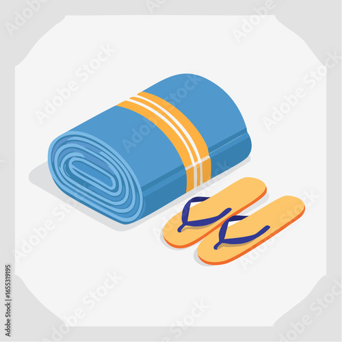 Rolled Blue Towel And Flip Flops Isometric Illustration