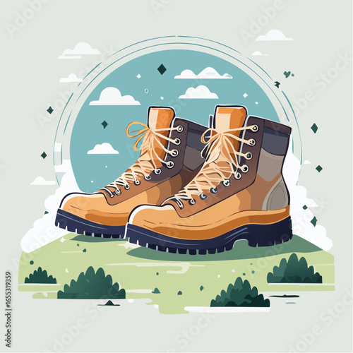 Pair Of Hiking Boots On Mountain Landscape Illustration