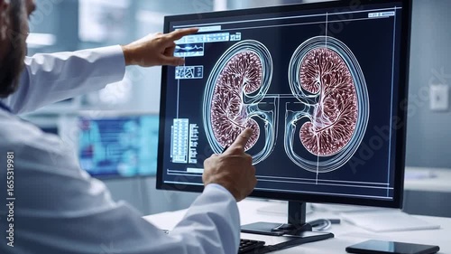 Doctor reviewing detailed kidney scan on computer screen