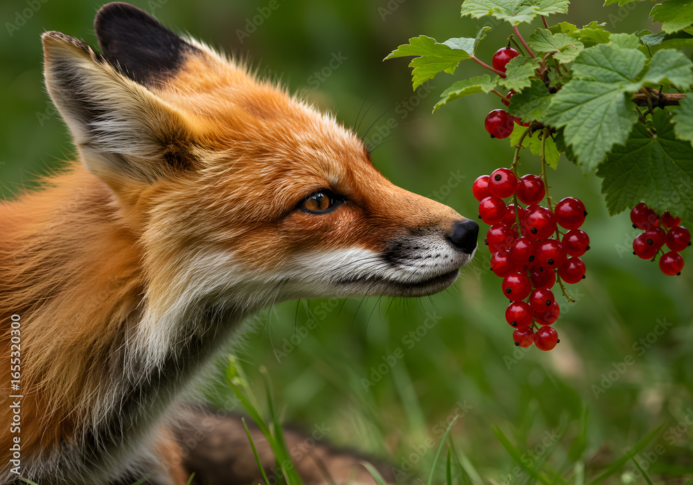 Fototapeta premium Fox sniffing red berries