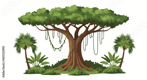 Lush Jungle Canopy: A Tranquil Oasis of Tropical Foliage and Towering Trees Providing Shade and Serenity to the Ecosystem