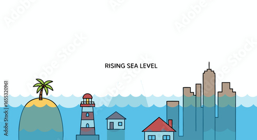Conceptual Illustration of a City Under Threat from Rising Sea Levels Depicting Vulnerability and Environmental Change