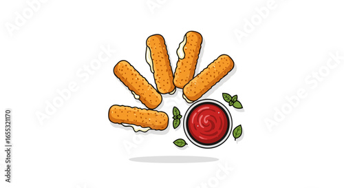 Crispy Mozzarella Sticks with Marinara Dip, Served with Fresh Basil Illustration vector 2D isolated on white background drawing cartoon style simple