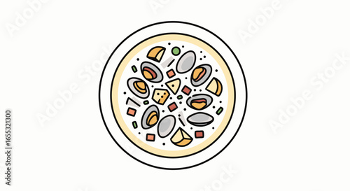 Illustration of a bowl of creamy chowder with shellfish and diced vegetables on a plate is isolated against white background