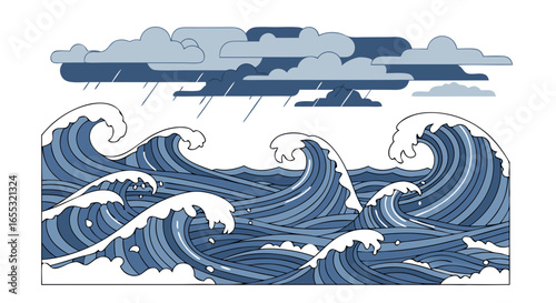 Stylized tempestuous ocean illustration with dynamic waves and ominous rain clouds suggesting stormy conditions over the sea