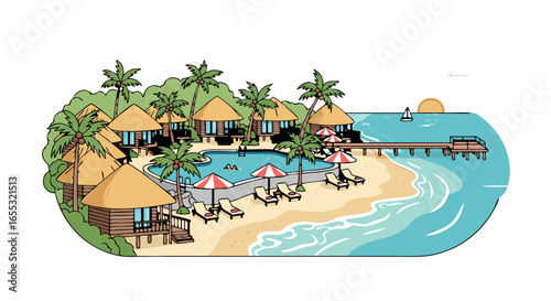 Idyllic tropical island resort with bungalows, swimming pool and seaside pier, perfect for vacations and relaxing getaways on a sunny day by the water