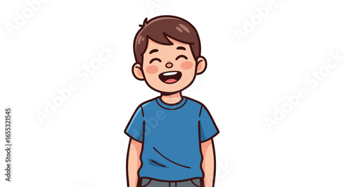 Cheerful young boy cartoon illustration with a contagious laugh and a gleeful smile, exuding happiness and youthful exuberance in a clean isolated