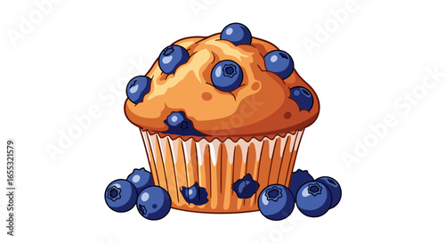 Delicious blueberry muffin illustration with juicy blueberries arranged around base artful presentation
