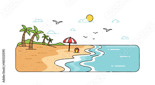 Whimsical beach escape: A minimalist illustration of tranquility and summer bliss with vibrant beach scene in a flat design