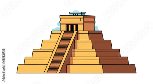 Stylized rendition of an ancient mesoamerican pyramid highlighting architectural design and cultural significance that evokes historical wonder