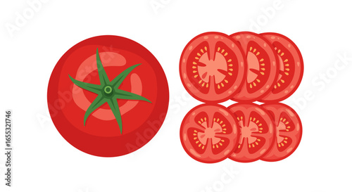 Fresh Tomato Still Life: Whole and Slice Arrangement Depicting Culinary Preparation and Dietary Ingredients