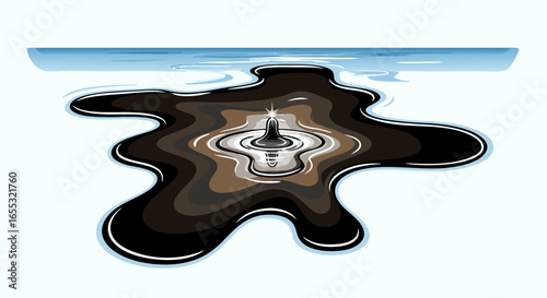Pollution Illustration Showcasing an Oil Spill with Ripples and Water Surface Reflection Effect