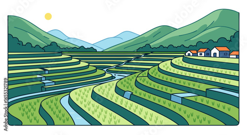 Delightful Illustration of Rice Terraces with Lush Greenery and Serene Waterways under a Bright Sun