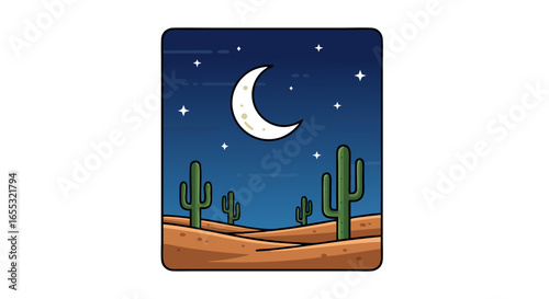 Stylized Desert Nightscape with Cacti and Moon Crescent Depicting Tranquil Scenery and Flat Design Aesthetic