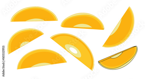 Vibrant presentation of a collection of stylized orange segments arranged with artistic flair and an emphasis on playful abstraction for a cheerful