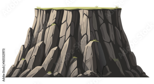 Cartoon-Style Illustration of a Rock Formation with Grassy Plateau and Angular Texture, Isolated on White Ground, Suitable for Digital Design