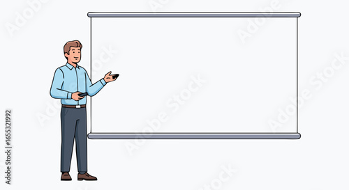 Energetic presentation from a confident professional speaker next to an empty screen in a business seminar with a modern style