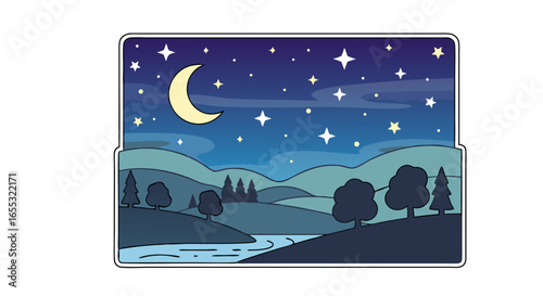 Serene Nightscape Depiction of Rolling Hills, Crystalline River, Trees Beneath a Starry Sky with a Gentle Moon, and Tranquil Scenery