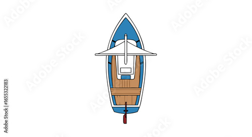 Overhead illustration of a classic sailboat design showcasing simplicity and serene maritime exploration, rendered with clean lines and calming