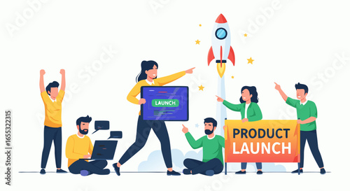 Illustrative Depiction of a Dynamic Product Launch with a Diverse Team Celebrating Success