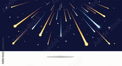 Celestial Meteor Shower Over a White Horizon, Featuring Streaking Comets and Sparkling Stars in a Navy Night Sky atmosphere and glowing tails vector